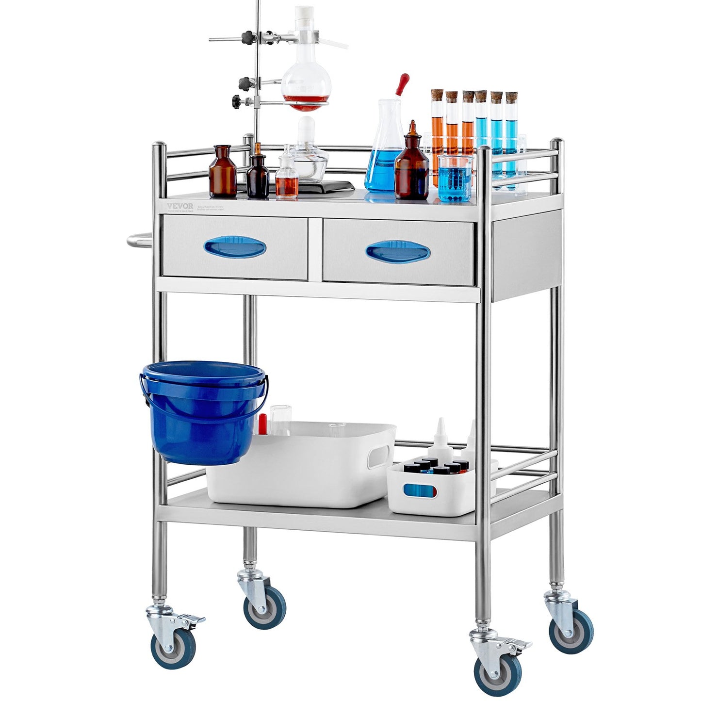 Lab serving cart, 2-layer stainless steel rolling cart, medical cart with two drawers, dental cart with lockable wheels and a bucket, for laboratory, hospital, dental use