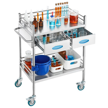 Lab serving cart, 2-layer stainless steel rolling cart, medical cart with two drawers, dental cart with lockable wheels and a bucket, for laboratory, hospital, dental use