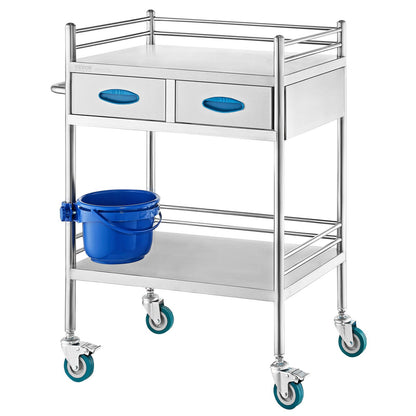 Lab serving cart, 2-layer stainless steel rolling cart, medical cart with two drawers, dental cart with lockable wheels and a bucket, for laboratory, hospital, dental use