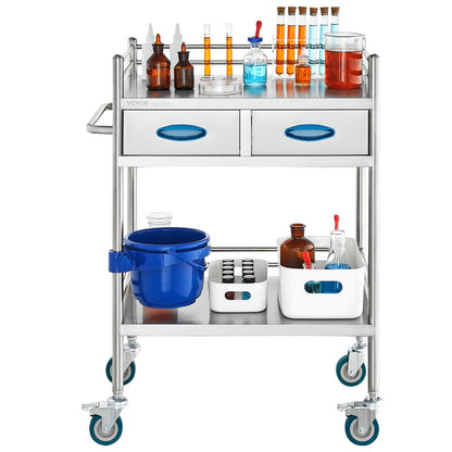 Lab serving cart, 2-layer stainless steel rolling cart, medical cart with two drawers, dental cart with lockable wheels and a bucket, for laboratory, hospital, dental use