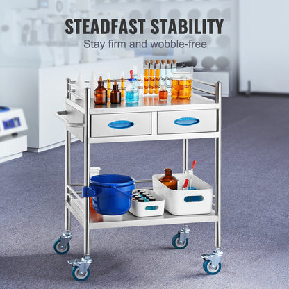 Lab Serving Cart, 2 Layers Stainless Steel Utility Rolling Cart, Medical Cart with Two Drawers, Dental Utility Cart with Lockable Wheels and A Bucket, for Laboratory, Hospital, Dental Use