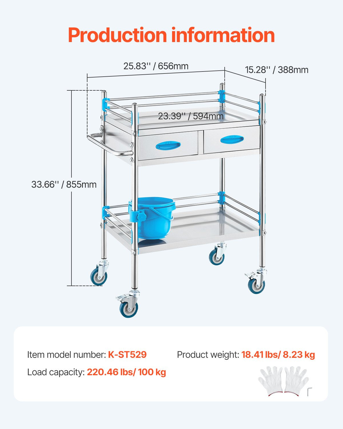 Lab Serving Cart, 2 Layers Stainless Steel Utility Rolling Cart, Medical Cart with Two Drawers, Dental Utility Cart with Lockable Wheels and A Bucket, for Laboratory, Hospital, Dental Use