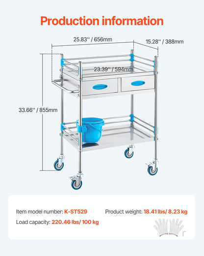 Lab Serving Cart, 2 Layers Stainless Steel Utility Rolling Cart, Medical Cart with Two Drawers, Dental Utility Cart with Lockable Wheels and A Bucket, for Laboratory, Hospital, Dental Use