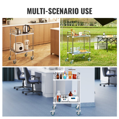 Lab Rolling Cart, 2-Shelf Stainless Steel Rolling Cart, Lab Serving Cart with Swivel Wheels, Dental Utility Cart for Clinic, Lab, Hospital, Salon, 15.16"x21.57"x34.06