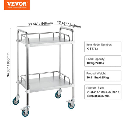 Lab Rolling Cart, 2-Shelf Stainless Steel Rolling Cart, Lab Serving Cart with Swivel Casters, Dental Utility Cart for Clinic, Lab, Hospital, Salon, 15.16"x21.57"x34.06"