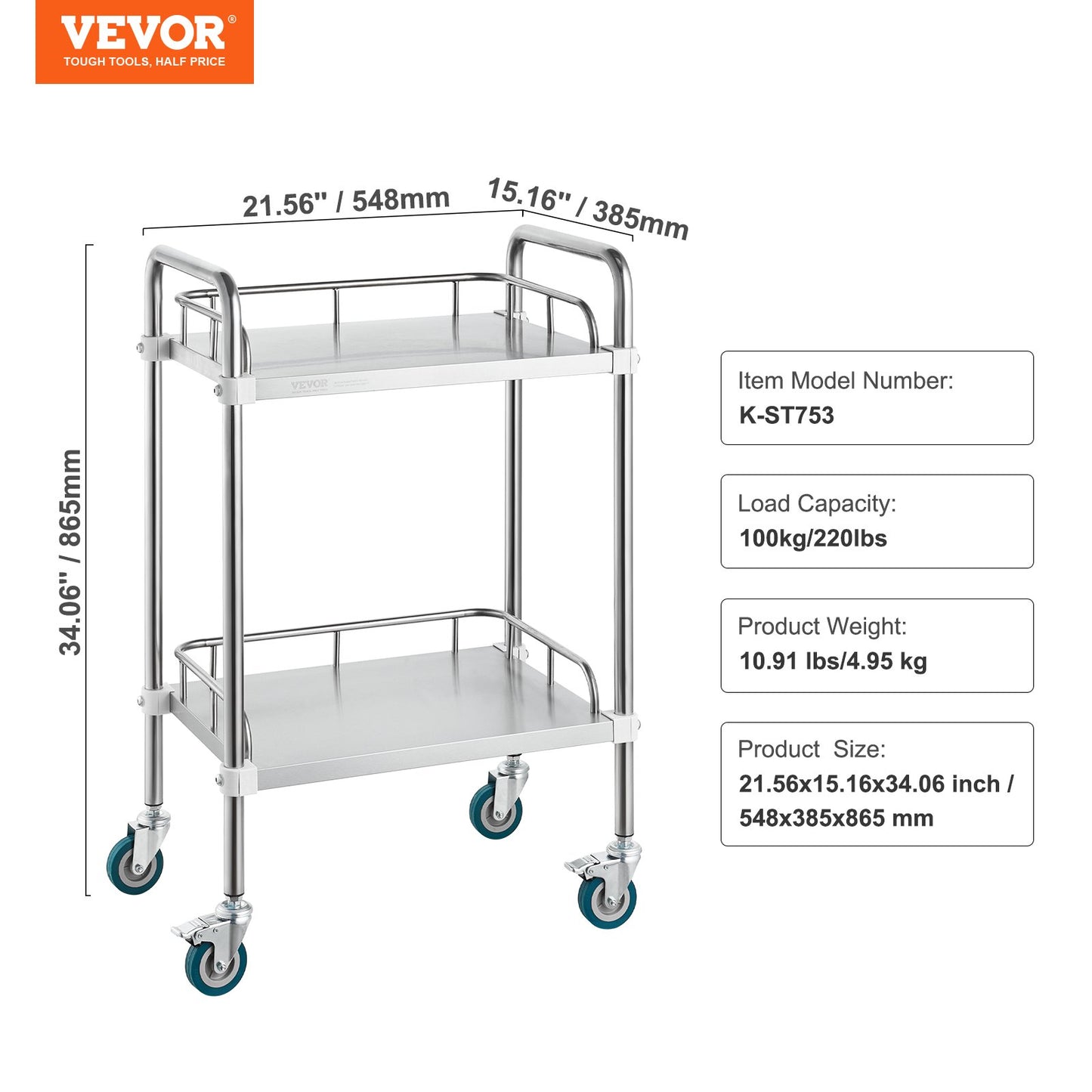 Lab Rolling Cart, 2-Shelf Stainless Steel Rolling Cart, Lab Serving Cart with Swivel Wheels, Dental Utility Cart for Clinic, Lab, Hospital, Salon, 15.16"x21.57"x34.06