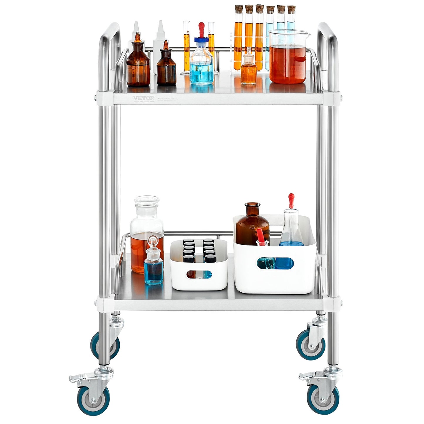 Lab Rolling Cart, 2-Shelf Stainless Steel Rolling Cart, Lab Serving Cart with Swivel Wheels, Dental Utility Cart for Clinic, Lab, Hospital, Salon, 15.16"x21.57"x34.06