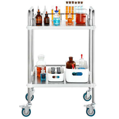 Lab Rolling Cart, 2-Shelf Stainless Steel Rolling Cart, Lab Serving Cart with Swivel Wheels, Dental Utility Cart for Clinic, Lab, Hospital, Salon, 15.16"x21.57"x34.06