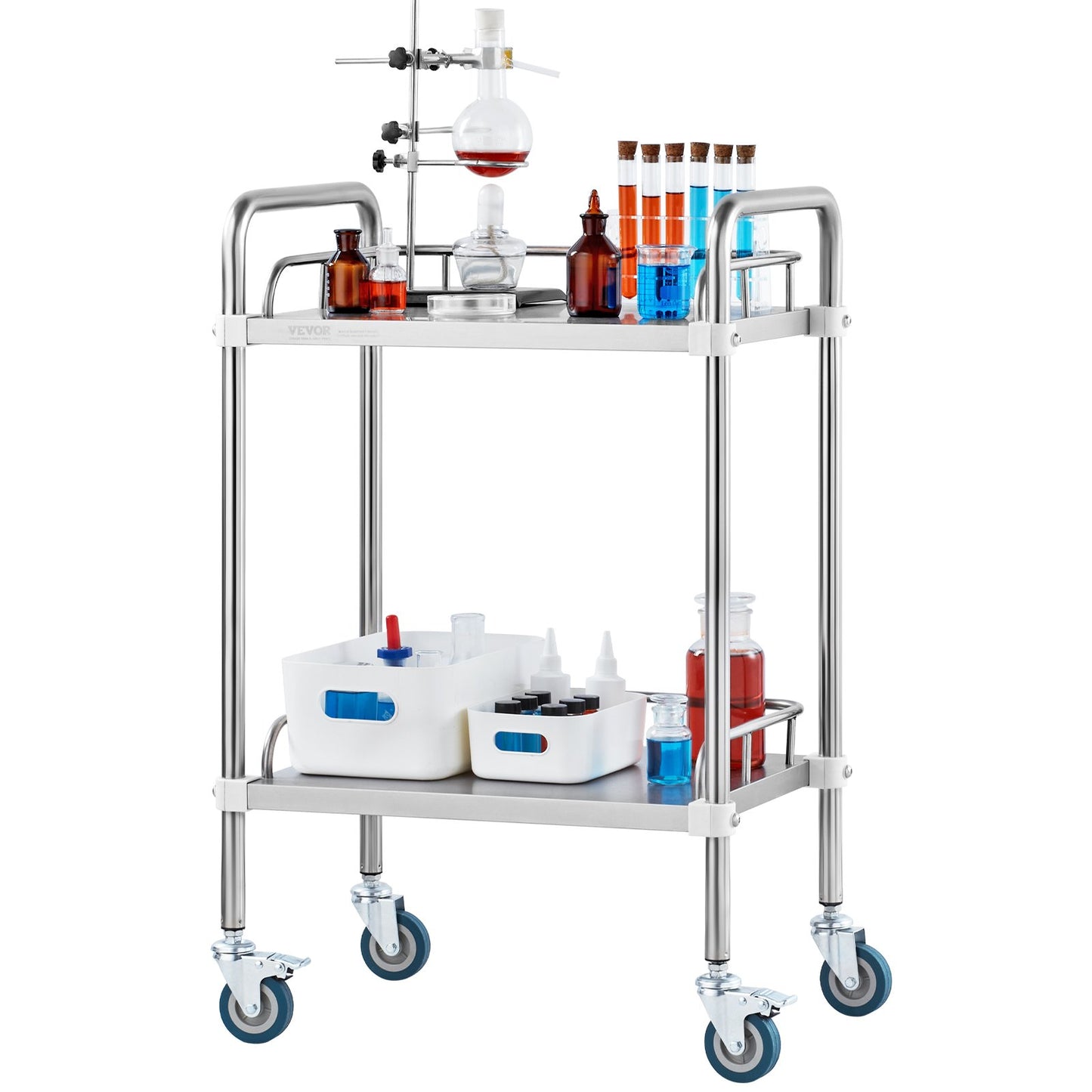 Lab Rolling Cart, 2-Shelf Stainless Steel Rolling Cart, Lab Serving Cart with Swivel Wheels, Dental Utility Cart for Clinic, Lab, Hospital, Salon, 15.16"x21.57"x34.06