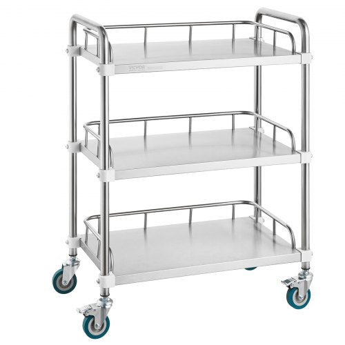 Lab Rolling Cart, 3-Shelf Stainless Steel Rolling Cart, Lab Serving Cart with Swivel Casters, Dental Utility Cart for Clinic, Lab, Hospital, Salon, 26.38"x15.55"x34.13"