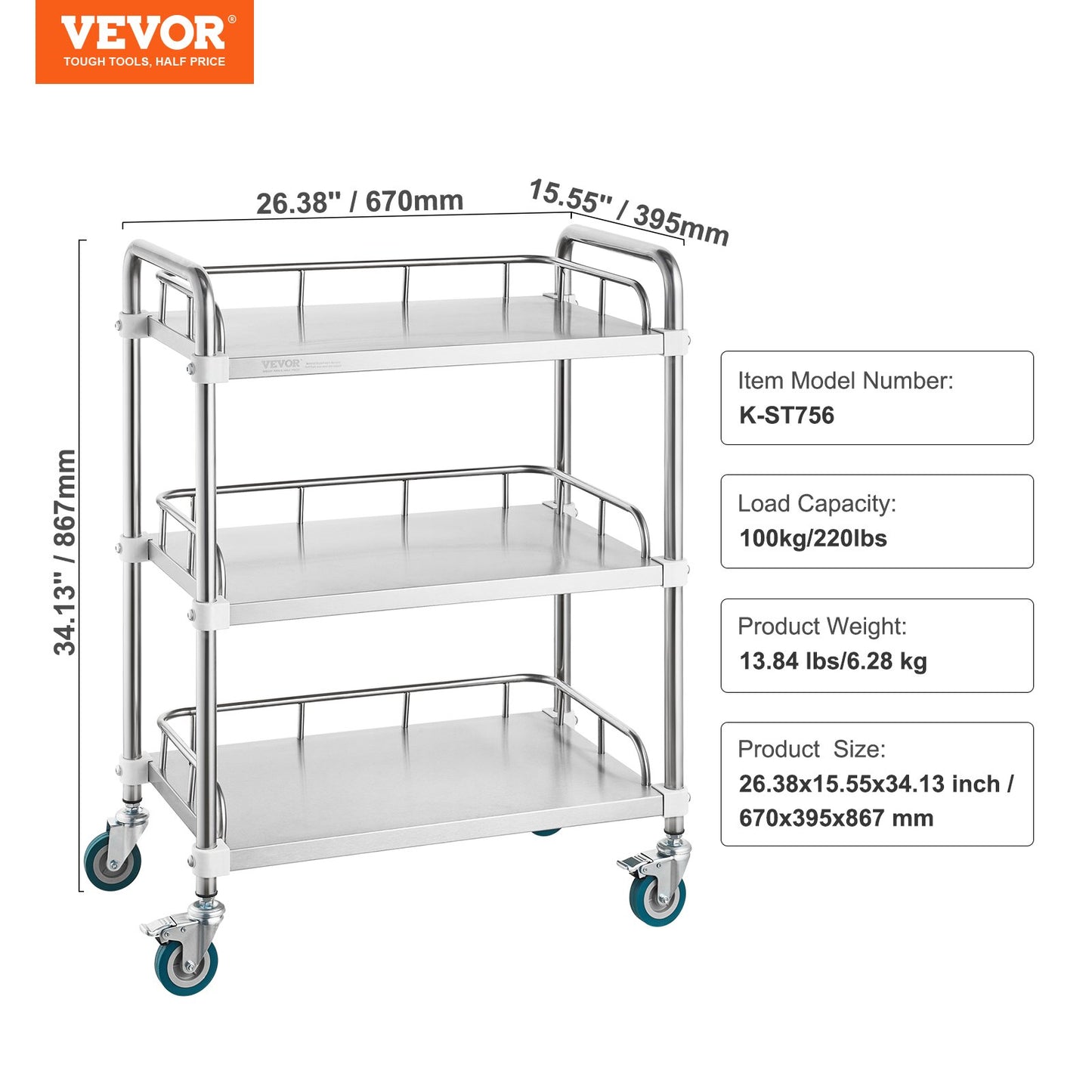 Lab Rolling Cart, 3-Shelf Stainless Steel Rolling Cart, Lab Serving Cart with Swivel Wheels, Dental Utility Cart for Clinic, Lab, Hospital, Salon, 26.38"x15.55"x34.13