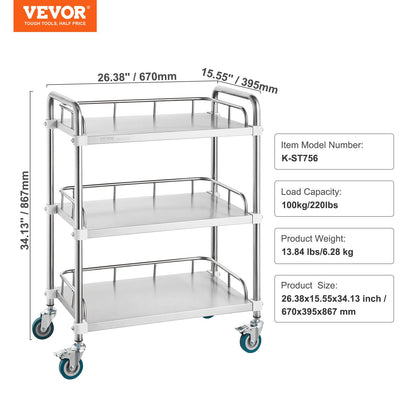 Lab Rolling Cart, 3-Shelf Stainless Steel Rolling Cart, Lab Serving Cart with Swivel Wheels, Dental Utility Cart for Clinic, Lab, Hospital, Salon, 26.38"x15.55"x34.13