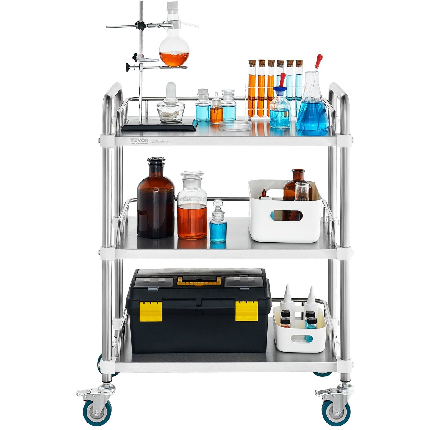 Lab Rolling Cart, 3-Shelf Stainless Steel Rolling Cart, Lab Serving Cart with Swivel Wheels, Dental Utility Cart for Clinic, Lab, Hospital, Salon, 26.38"x15.55"x34.13