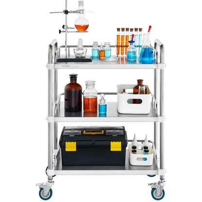 Lab Rolling Cart, 3-Shelf Stainless Steel Rolling Cart, Lab Serving Cart with Swivel Wheels, Dental Utility Cart for Clinic, Lab, Hospital, Salon, 26.38"x15.55"x34.13