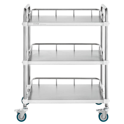 Lab Rolling Cart, 3-Shelf Stainless Steel Rolling Cart, Lab Serving Cart with Swivel Wheels, Dental Utility Cart for Clinic, Lab, Hospital, Salon, 26.38"x15.55"x34.13