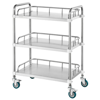 Lab Rolling Cart, 3-Shelf Stainless Steel Rolling Cart, Lab Serving Cart with Swivel Wheels, Dental Utility Cart for Clinic, Lab, Hospital, Salon, 26.38"x15.55"x34.13