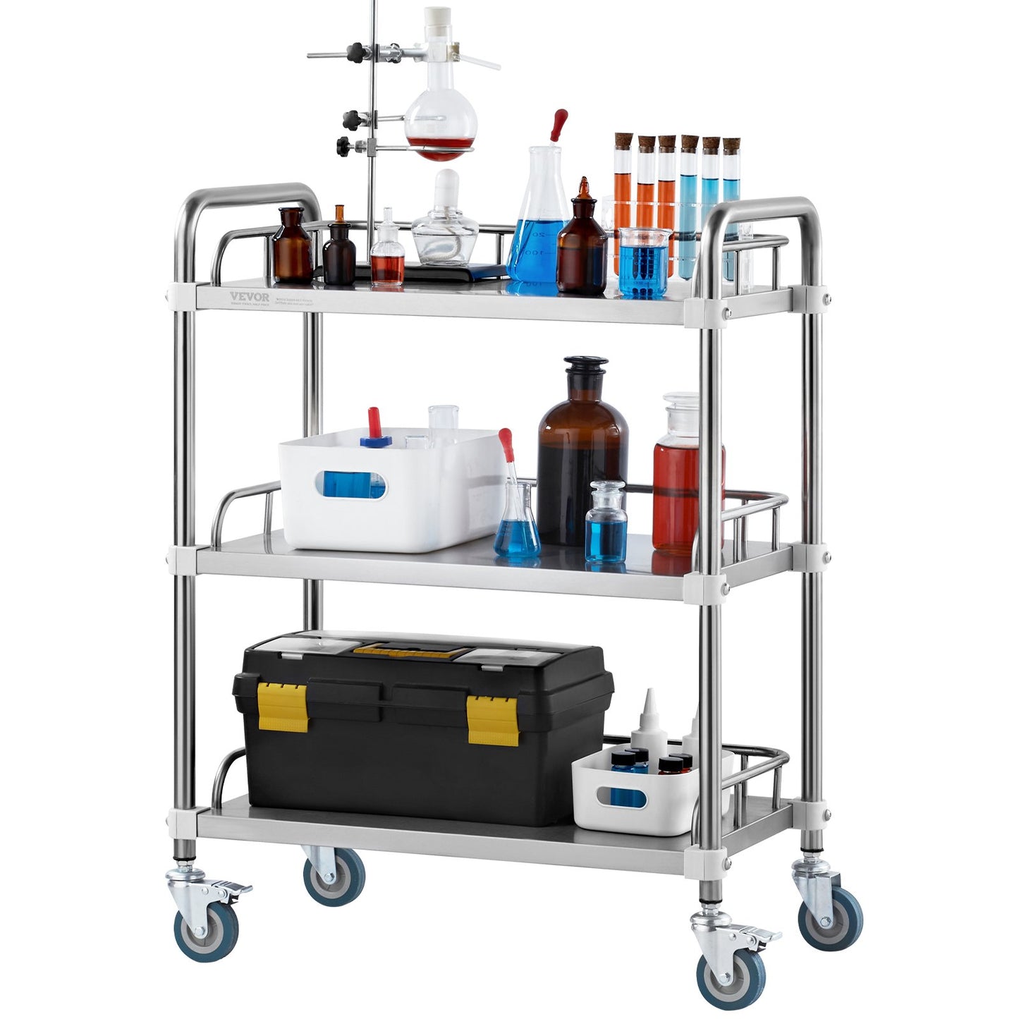 Lab Rolling Cart, 3-Shelf Stainless Steel Rolling Cart, Lab Serving Cart with Swivel Wheels, Dental Utility Cart for Clinic, Lab, Hospital, Salon, 26.38"x15.55"x34.13