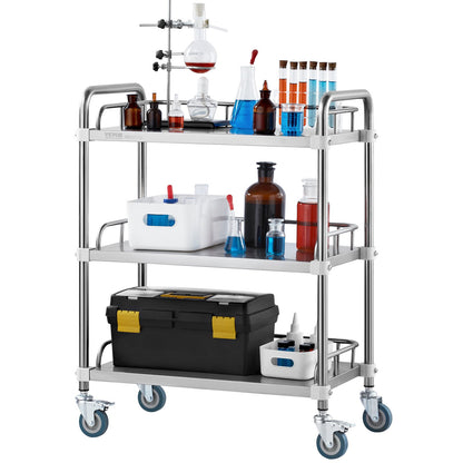 Lab Rolling Cart, 3-Shelf Stainless Steel Rolling Cart, Lab Serving Cart with Swivel Wheels, Dental Utility Cart for Clinic, Lab, Hospital, Salon, 26.38"x15.55"x34.13