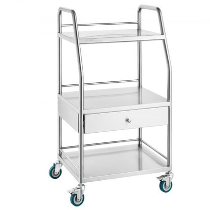 Lab Serving Cart, 3 Layers Stainless Steel Utility Rolling Cart, Medical Cart with A Drawer, Dental Utility Cart with Lockable Wheels, for Laboratory, Hospital, Dental Use