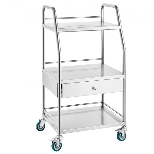 Lab Serving Cart, 3 Layers Stainless Steel Utility Rolling Cart, Medical Cart with A Drawer, Dental Utility Cart with Lockable Wheels, for Laboratory, Hospital, Dental Use
