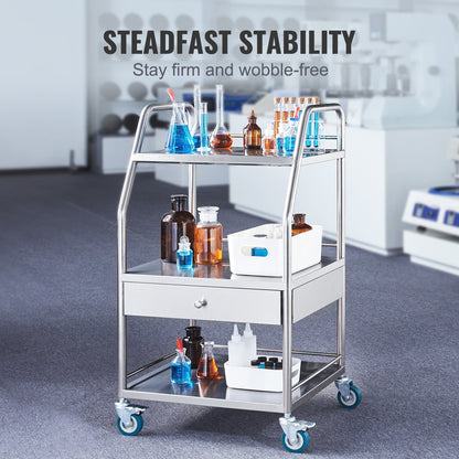 Lab Serving Cart, 3 Layers Stainless Steel Utility Rolling Cart, Medical Cart with A Drawer, Dental Utility Cart with Lockable Wheels, for Laboratory, Hospital, Dental Use
