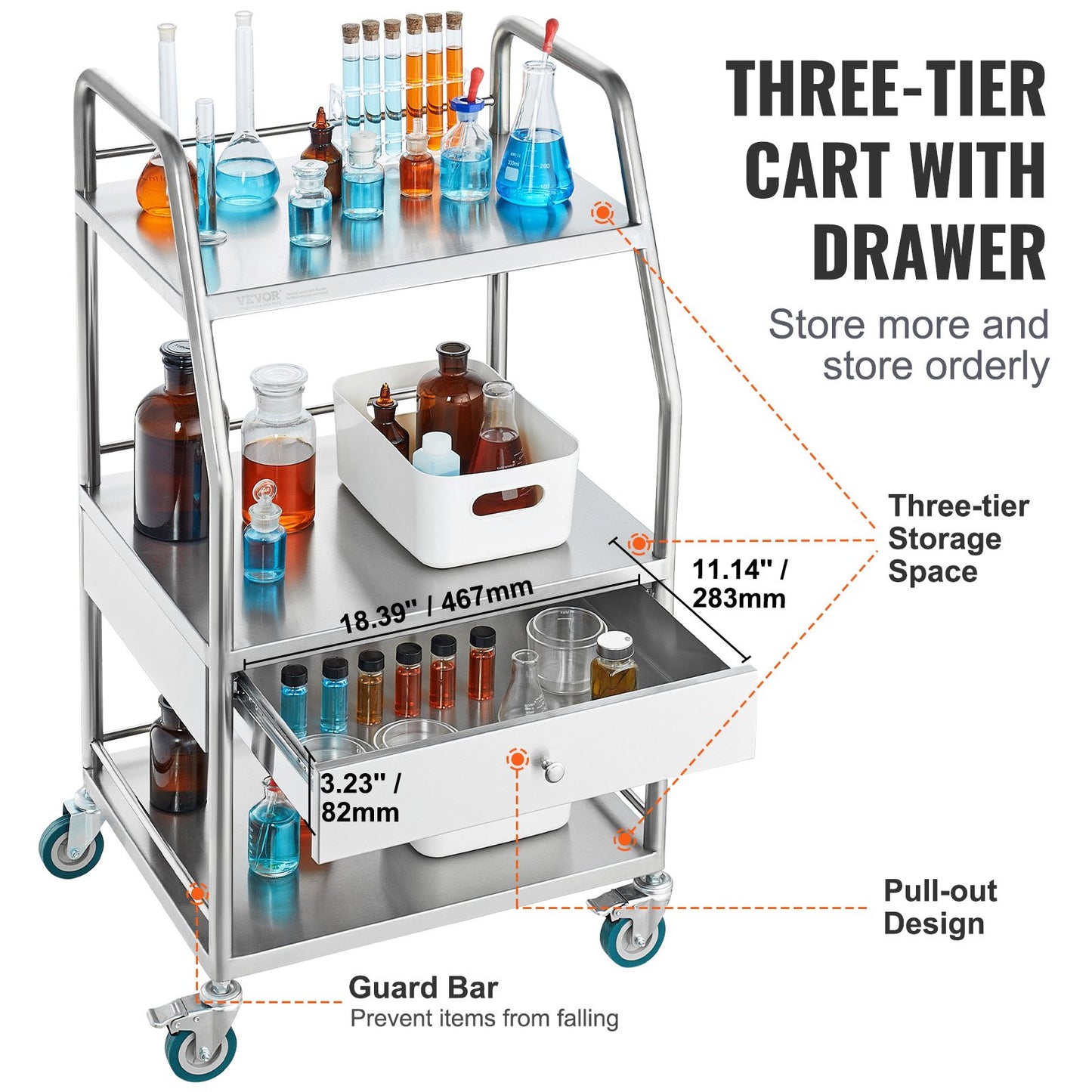 Lab Serving Cart, 3 Layers Stainless Steel Utility Rolling Cart, Medical Cart with A Drawer, Dental Utility Cart with Lockable Wheels, for Laboratory, Hospital, Dental Use