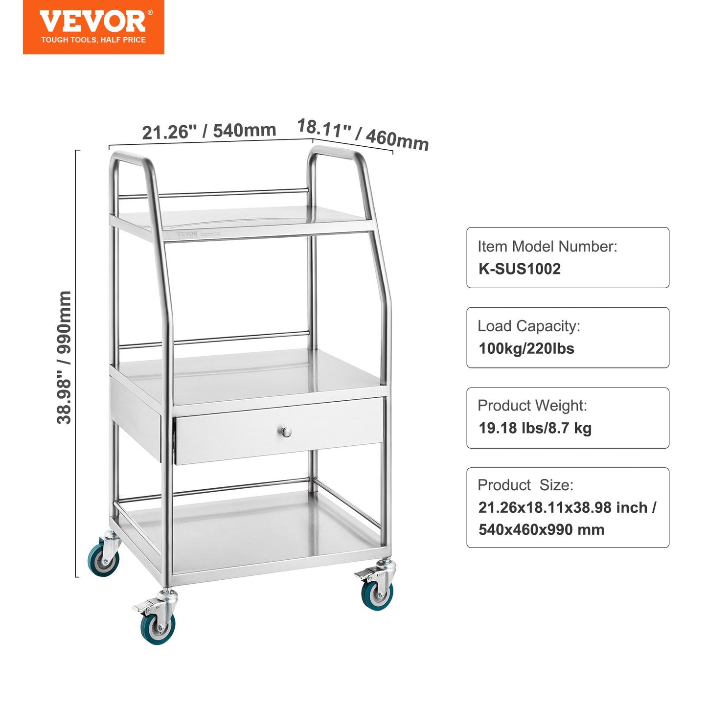Lab Serving Cart, 3 Layers Stainless Steel Utility Rolling Cart, Medical Cart with A Drawer, Dental Utility Cart with Lockable Wheels, for Laboratory, Hospital, Dental Use