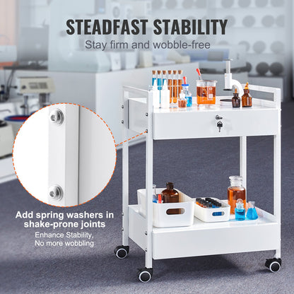Lab cart, 2-tier stainless steel cart, medical cart with 2 drawers, rolling lab cart white color, serving cart with swivel wheels for laboratories, hospitals, dentistry, salon and beauty