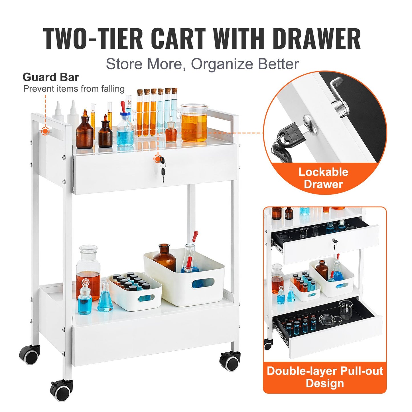 Lab cart, 2-tier stainless steel cart, medical cart with 2 drawers, rolling lab cart white color, serving cart with swivel wheels for laboratories, hospitals, dentistry, salon and beauty