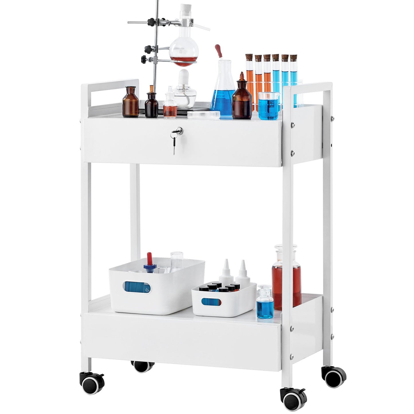 Lab cart, 2-tier stainless steel cart, medical cart with 2 drawers, rolling lab cart white color, serving cart with swivel wheels for laboratories, hospitals, dentistry, salon and beauty
