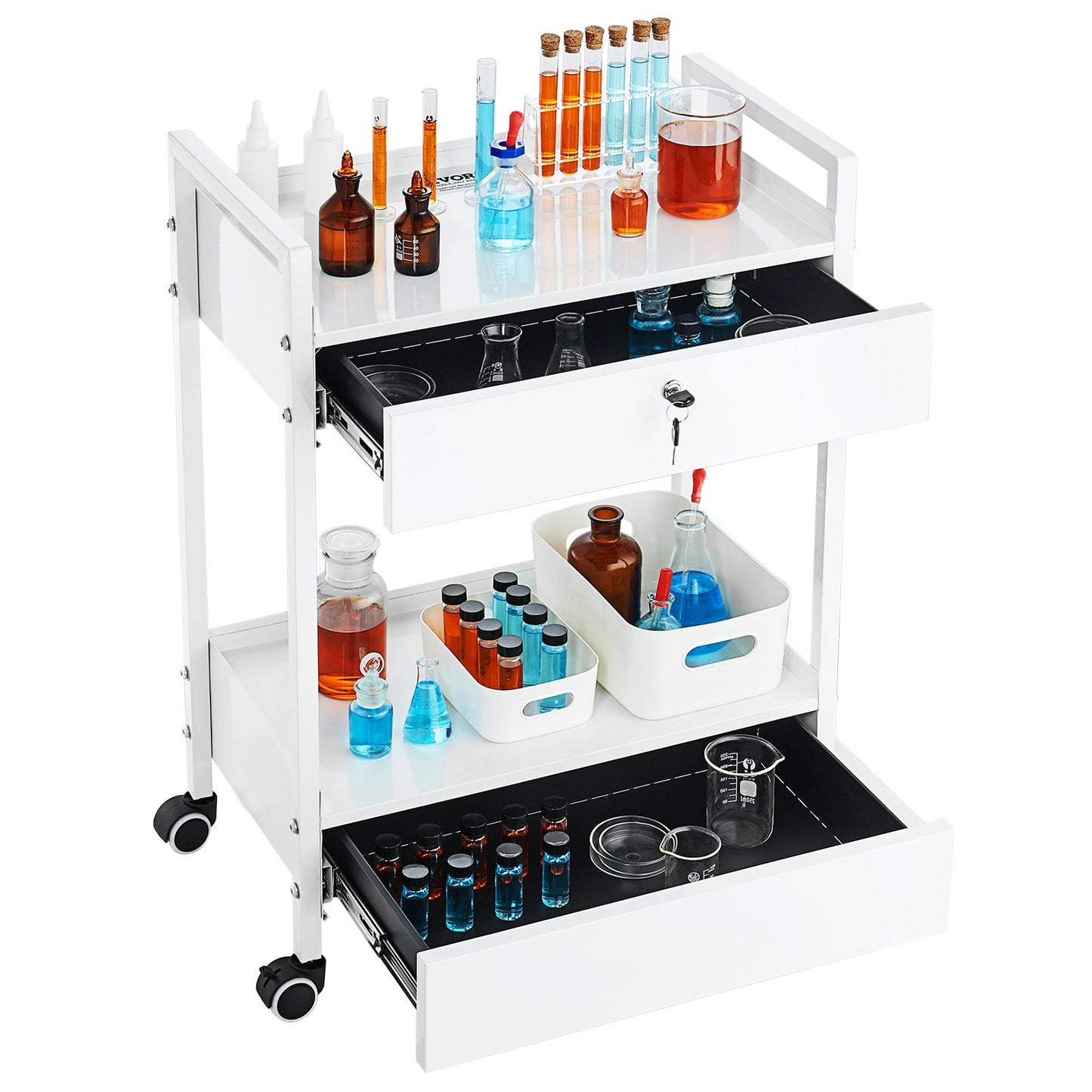 Lab cart, 2-tier stainless steel cart, medical cart with 2 drawers, rolling lab cart white color, serving cart with swivel wheels for laboratories, hospitals, dentistry, salon and beauty