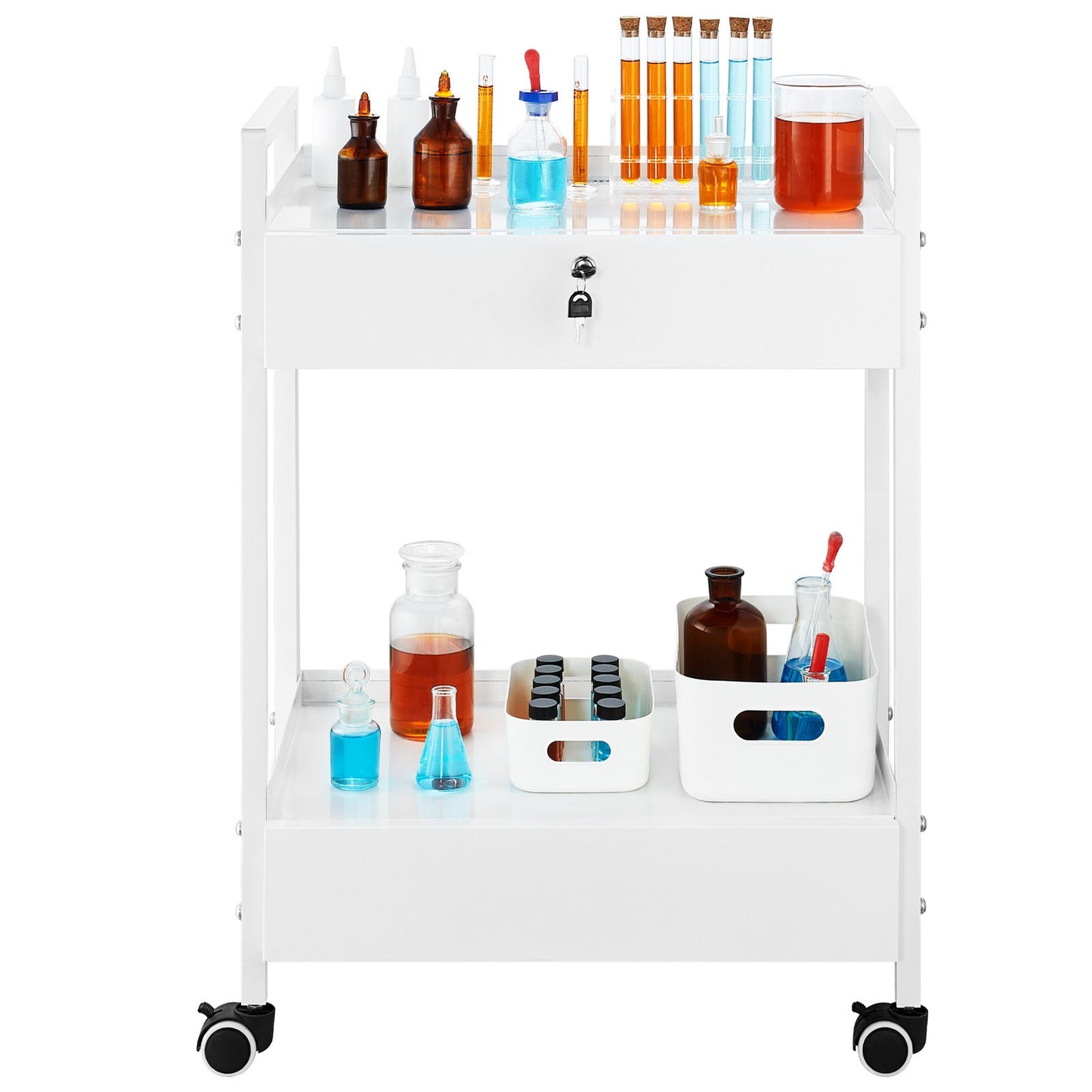Lab cart, 2-tier stainless steel cart, medical cart with 2 drawers, rolling lab cart white color, serving cart with swivel wheels for laboratories, hospitals, dentistry, salon and beauty