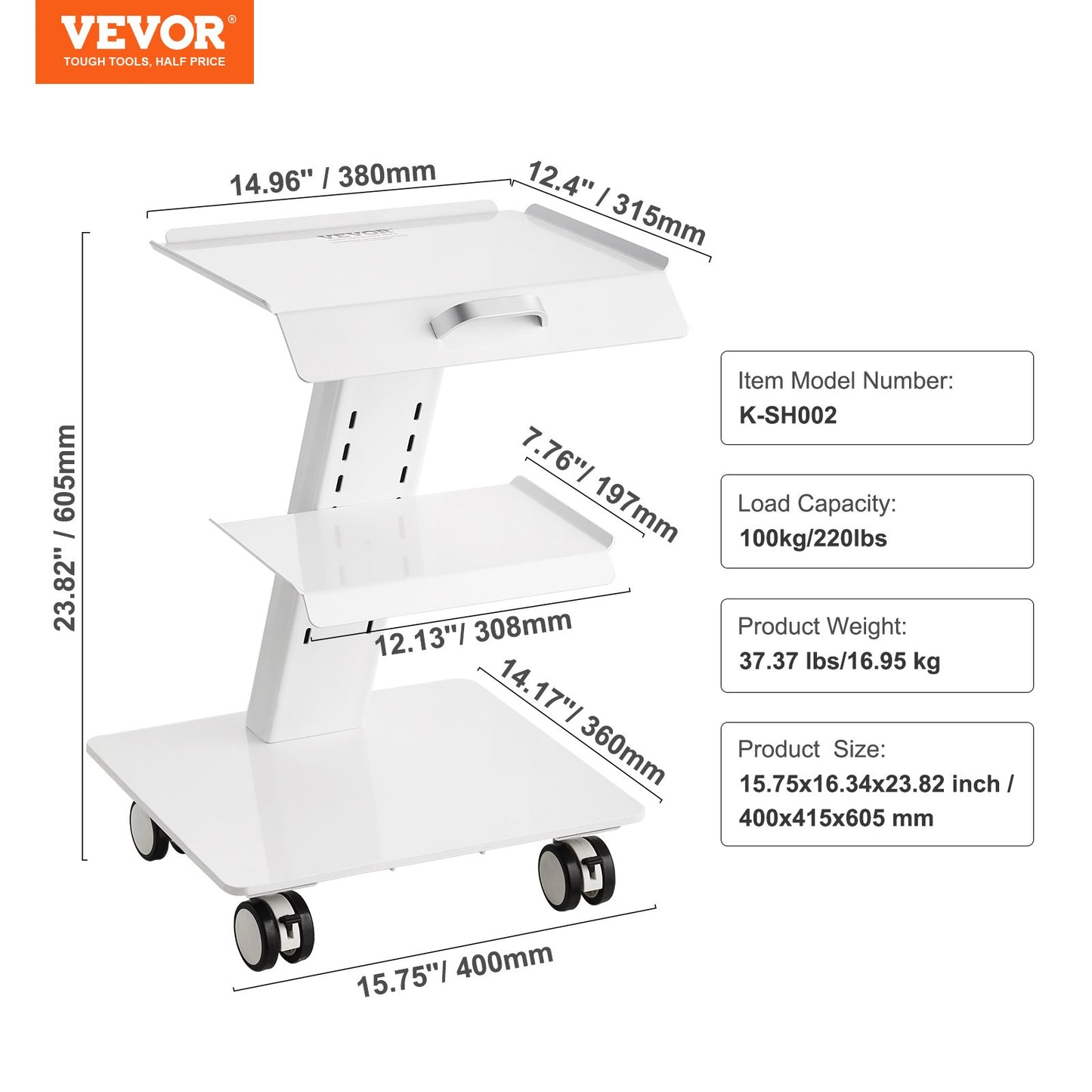Lab Trolley, 3-Layer Rolling Lab Cart, Metal Mobile Trolley with Swivel Wheels, Tray Rolling Clinic Cart 220 lbs Weight Capacity, for Lab, Clinic, Beauty and Salon