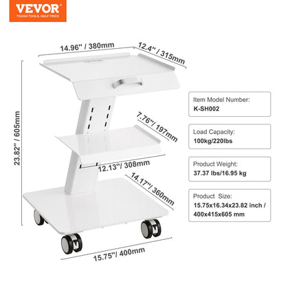 Lab Cart, 3-Tier Rolling Lab Cart, Metal Mobile Cart with Swivel Wheels, Tray Rolling Clinic Cart 220 lbs Weight Capacity, for Lab, Clinic, Beauty and Salon