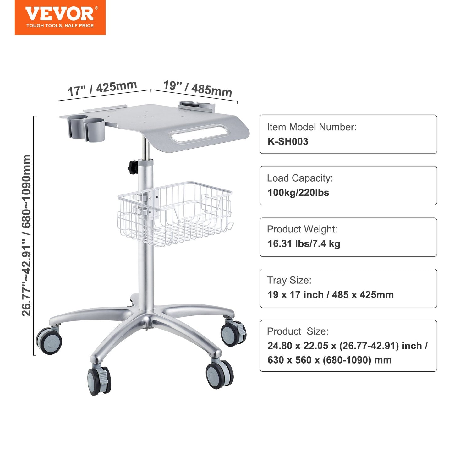 Medical Cart, Salon Cart with Wheels, Mobile Trolley Cart 26.77"-42.91" Height Adjustable, Metal Salon Stations for Hairdresser, Rolling Stationary Lab Cart for Clinic, Beauty and Salon