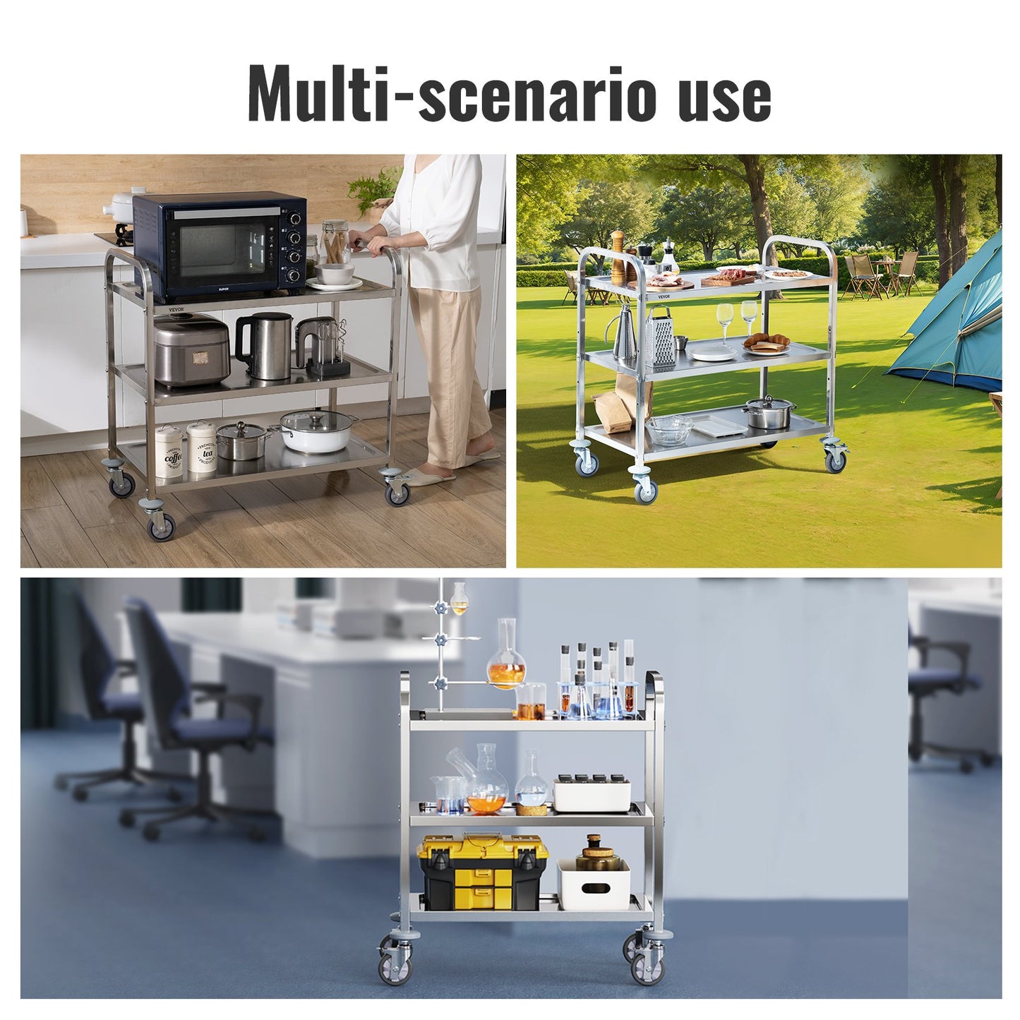Stainless Steel Cart, 3 Layers Lab Cart 400 lbs Weight Capacity, Medical Cart with Lockable Universal Wheels, for Lab, Clinic, Kitchen, Salon