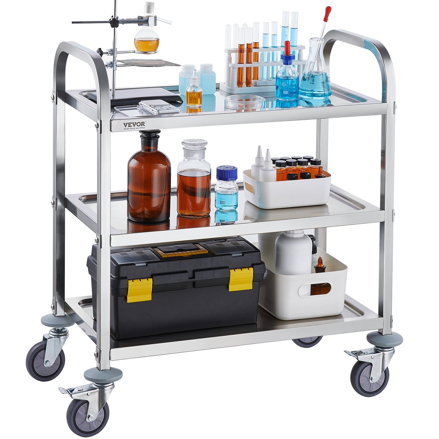 Stainless Steel Cart, 3 Layers Lab Cart 400 lbs Weight Capacity, Medical Cart with Lockable Universal Wheels, for Lab, Clinic, Kitchen, Salon