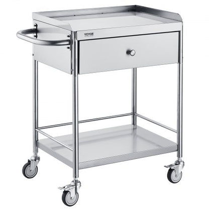 Medical Cart, 2-Layer Stainless Steel Cart 220 lbs Weight Capacity, Lab Utility Cart with 360° Silent Wheels and a Drawer for Lab, Clinic, Kitchen, Salon