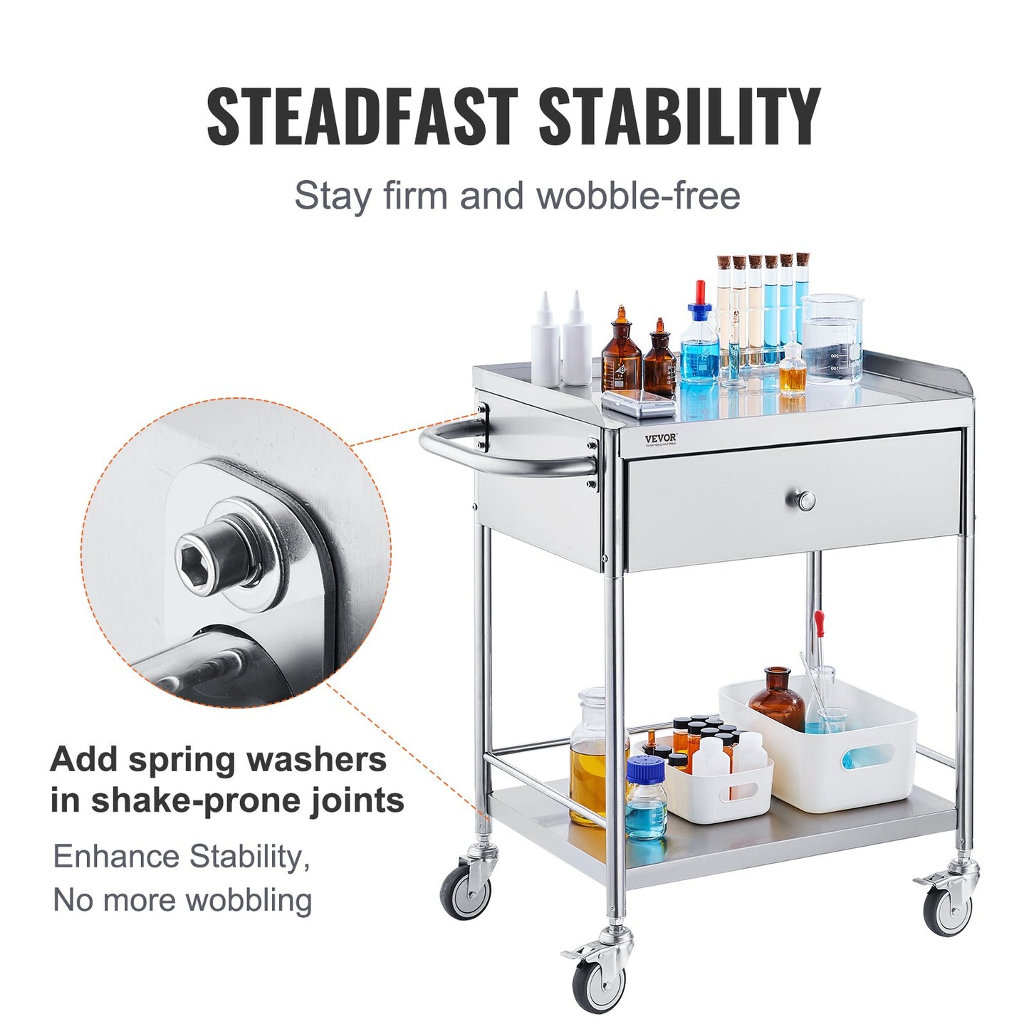 Medical Cart, 2-Tier Stainless Steel Trolley 220 lbs Weight Capacity, Lab Utility Cart with 360° Silent Wheels and a Drawer for Lab, Clinic, Kitchen, Salon