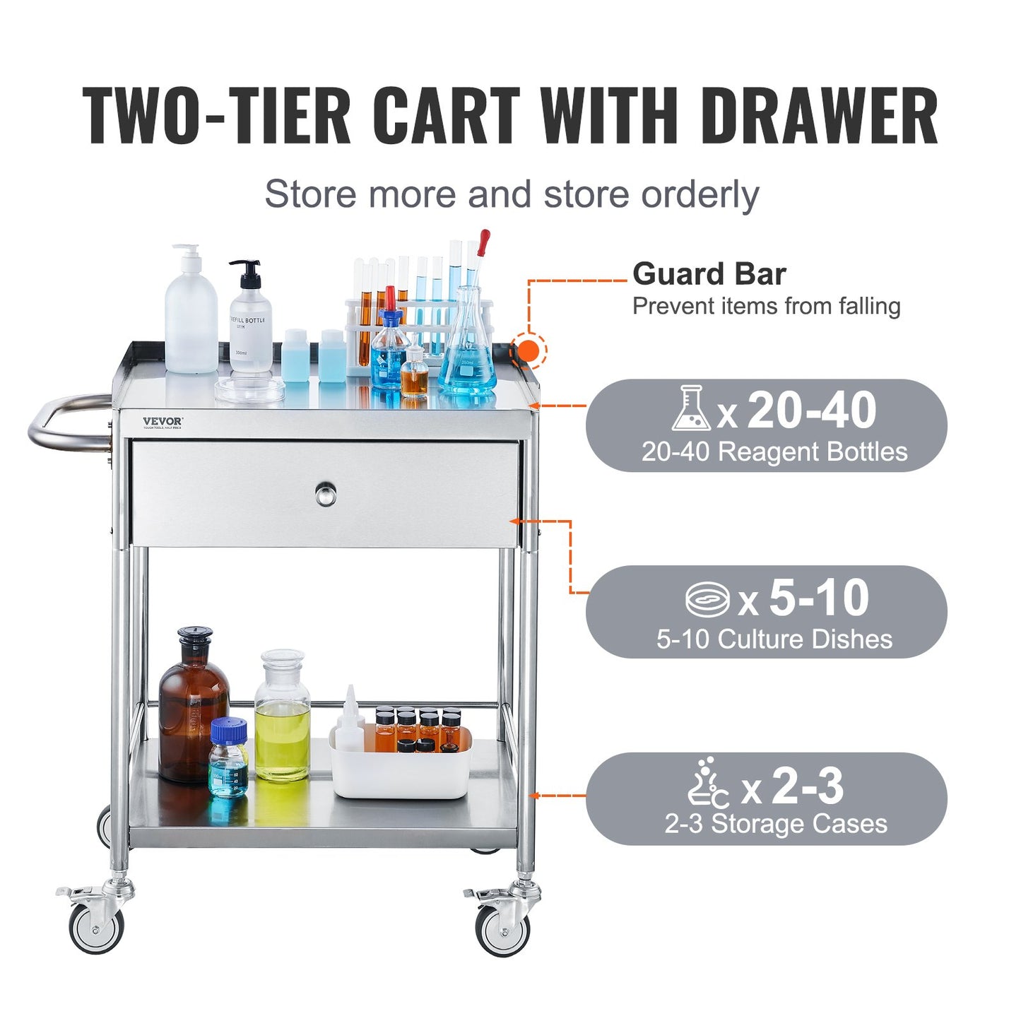 Medical Cart, 2-Tier Stainless Steel Trolley 220 lbs Weight Capacity, Lab Utility Cart with 360° Silent Wheels and a Drawer for Lab, Clinic, Kitchen, Salon