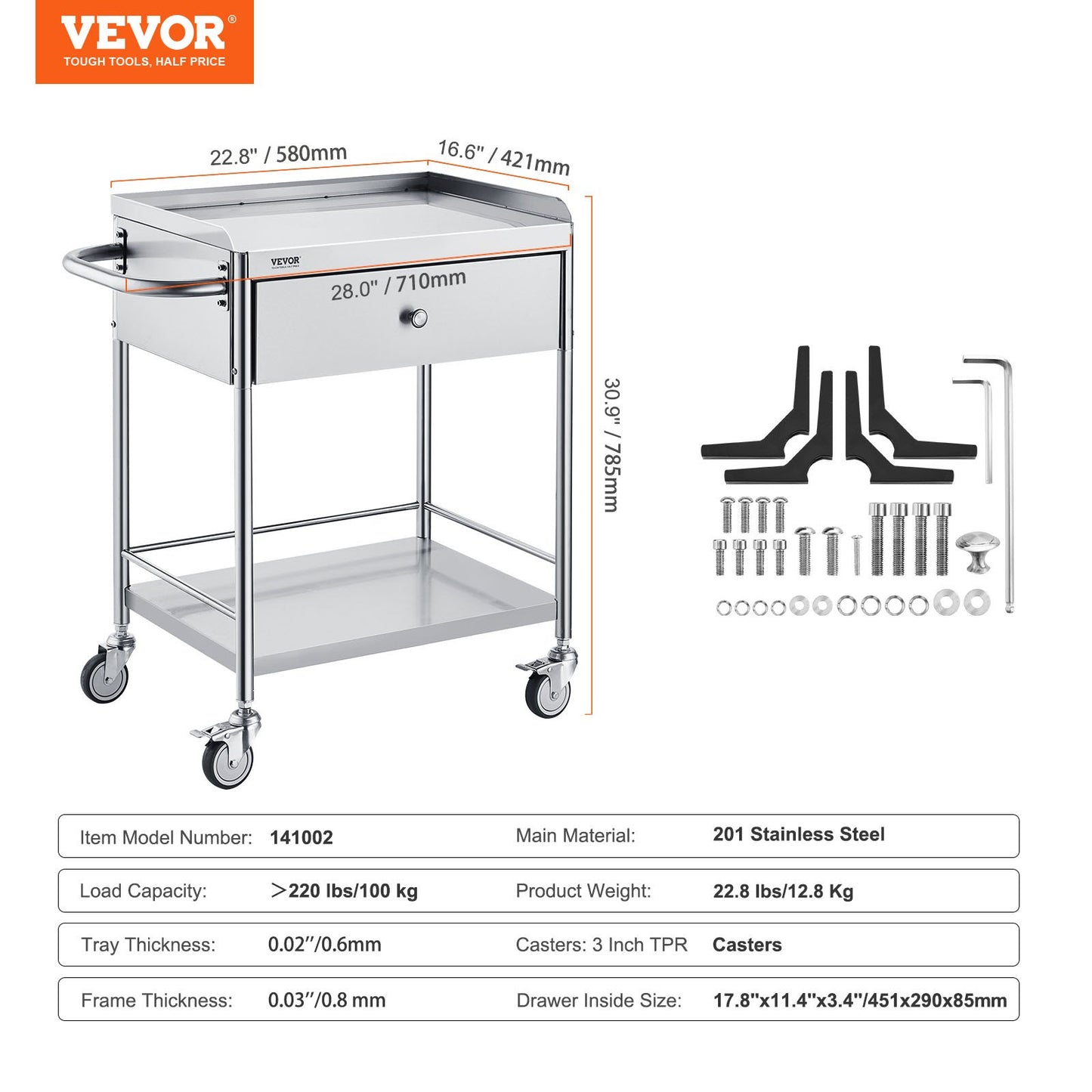 Medical Cart, 2-Tier Stainless Steel Trolley 220 lbs Weight Capacity, Lab Utility Cart with 360° Silent Wheels and a Drawer for Lab, Clinic, Kitchen, Salon