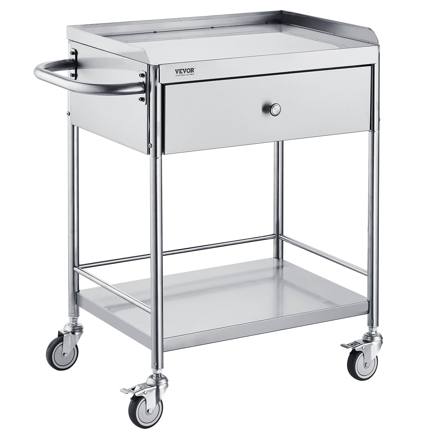 Medical Cart, 2-Tier Stainless Steel Trolley 220 lbs Weight Capacity, Lab Utility Cart with 360° Silent Wheels and a Drawer for Lab, Clinic, Kitchen, Salon