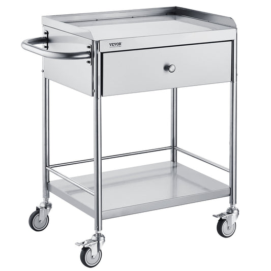 Medical Cart, 2-Tier Stainless Steel Trolley 220 lbs Weight Capacity, Lab Utility Cart with 360° Silent Wheels and a Drawer for Lab, Clinic, Kitchen, Salon