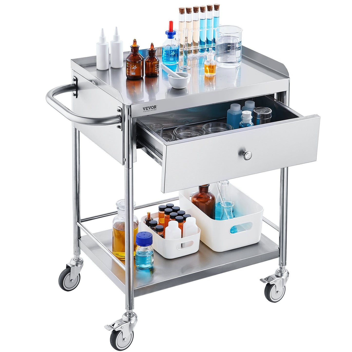 Medical Cart, 2-Tier Stainless Steel Trolley 220 lbs Weight Capacity, Lab Utility Cart with 360° Silent Wheels and a Drawer for Lab, Clinic, Kitchen, Salon