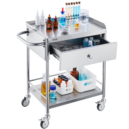 Medical Cart, 2-Tier Stainless Steel Trolley 220 lbs Weight Capacity, Lab Utility Cart with 360° Silent Wheels and a Drawer for Lab, Clinic, Kitchen, Salon