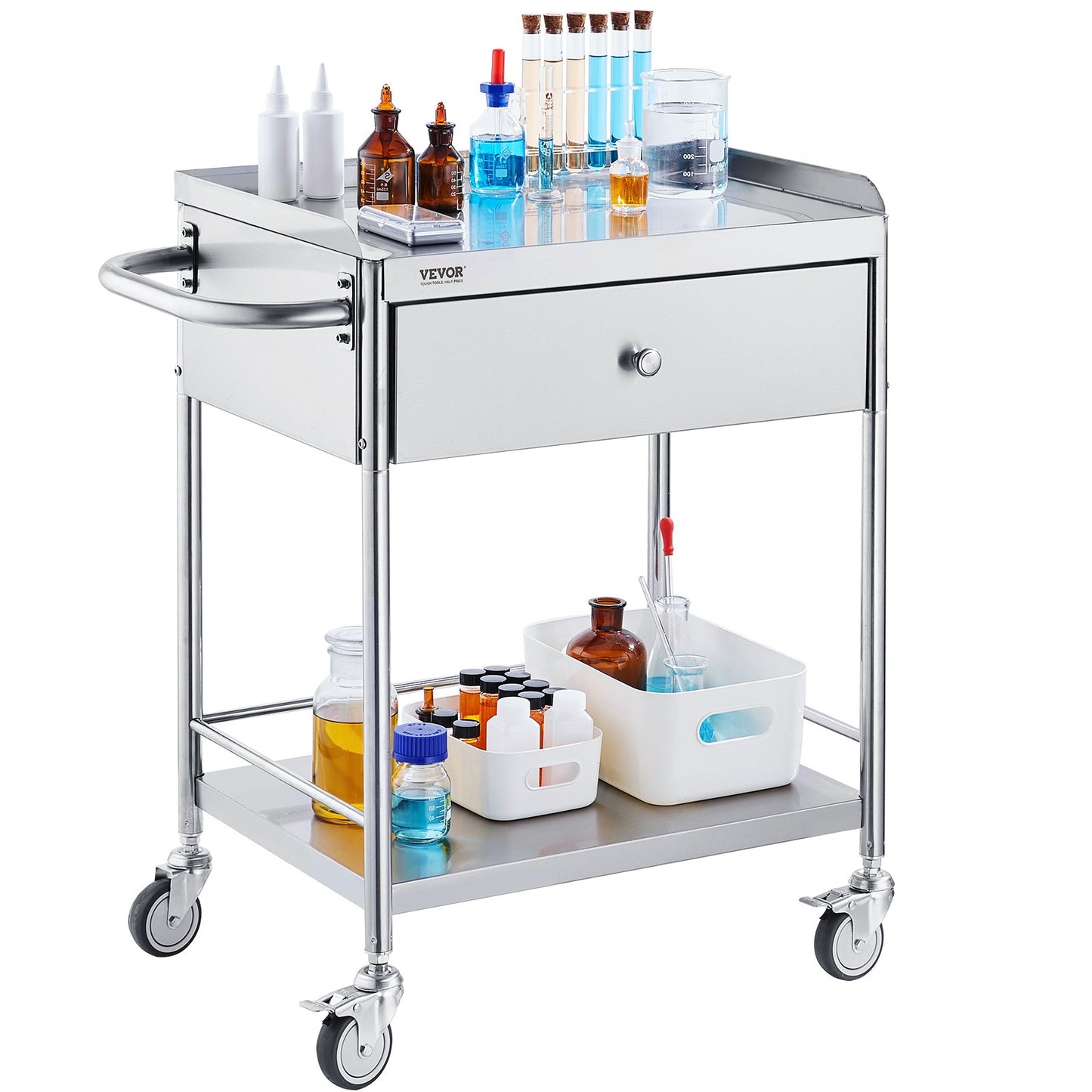 Medical Cart, 2-Tier Stainless Steel Trolley 220 lbs Weight Capacity, Lab Utility Cart with 360° Silent Wheels and a Drawer for Lab, Clinic, Kitchen, Salon