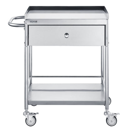 Medical Cart, 2-Tier Stainless Steel Trolley 220 lbs Weight Capacity, Lab Utility Cart with 360° Silent Wheels and a Drawer for Lab, Clinic, Kitchen, Salon