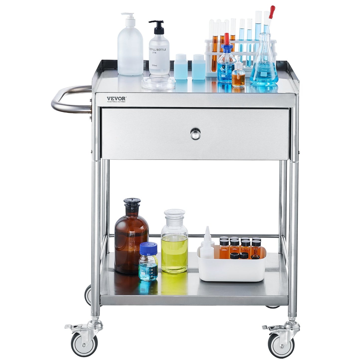 Medical Cart, 2-Tier Stainless Steel Trolley 220 lbs Weight Capacity, Lab Utility Cart with 360° Silent Wheels and a Drawer for Lab, Clinic, Kitchen, Salon