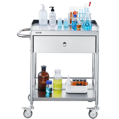 Medical Cart, 2-Tier Stainless Steel Trolley 220 lbs Weight Capacity, Lab Utility Cart with 360° Silent Wheels and a Drawer for Lab, Clinic, Kitchen, Salon