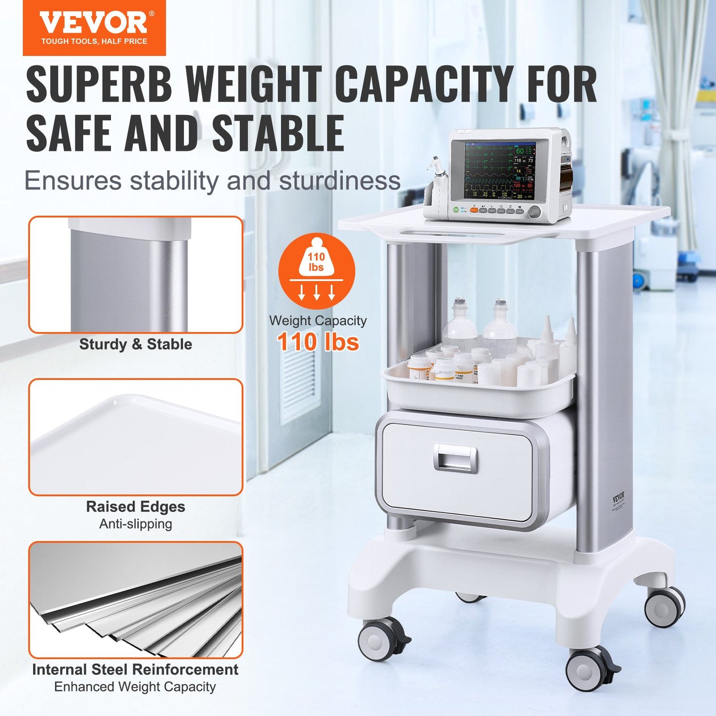 2 Tiers Lab Carts Mobile Medical Cart with 1 Drawer &amp; 1 Top Tray White
